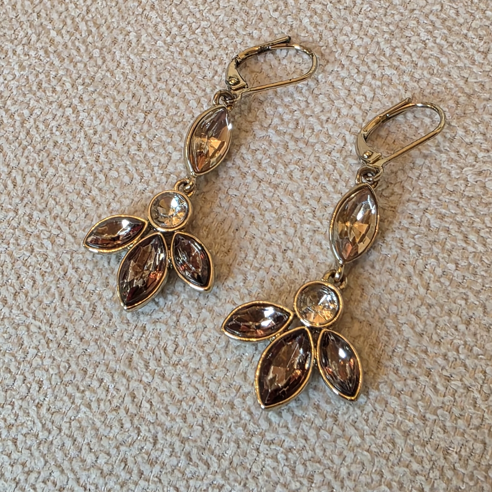Gold Tone Crystal Drop Earrings Floral Design Champagne Rhinestones